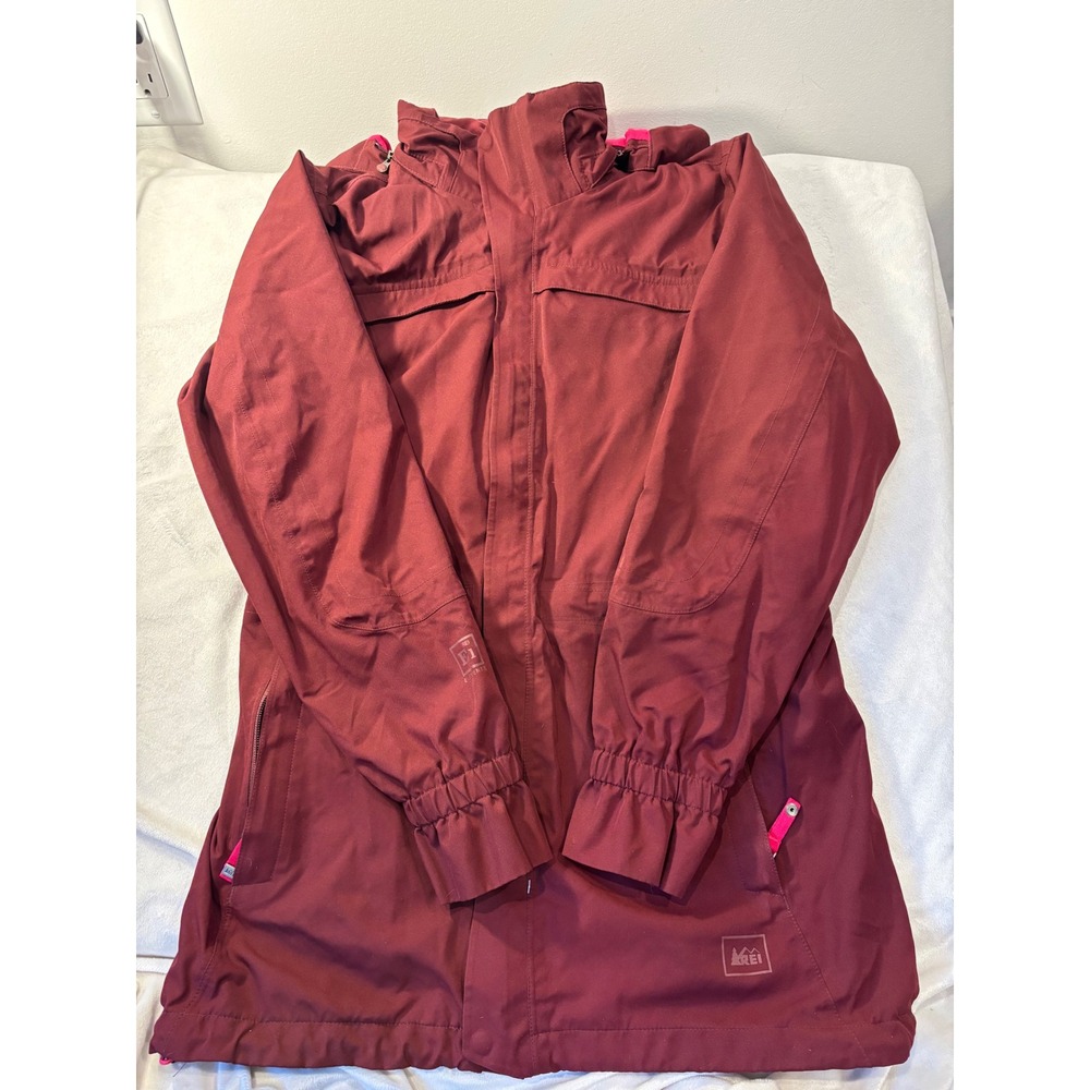 REI Elements Women Burgundy Rain Jacket Removable Hood Pink Lining Small